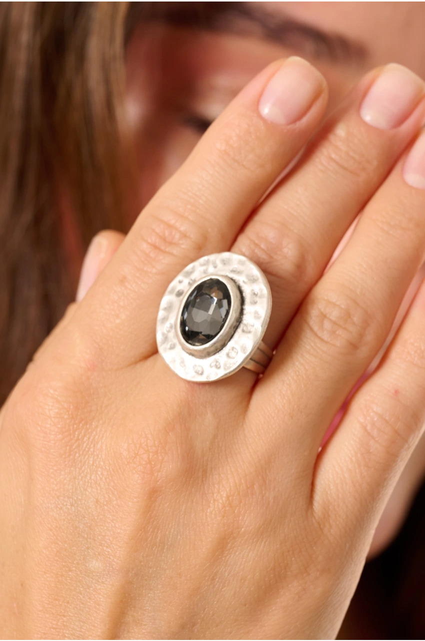 Kiraz Smoked Crystal Stoned Silver Plated Ring