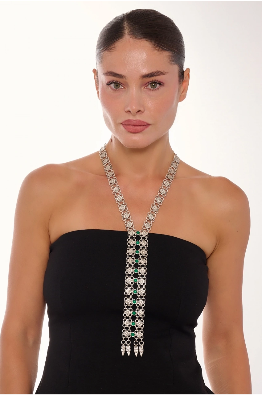 Kiraz Tie Green Stoned Silver Plated Necklace