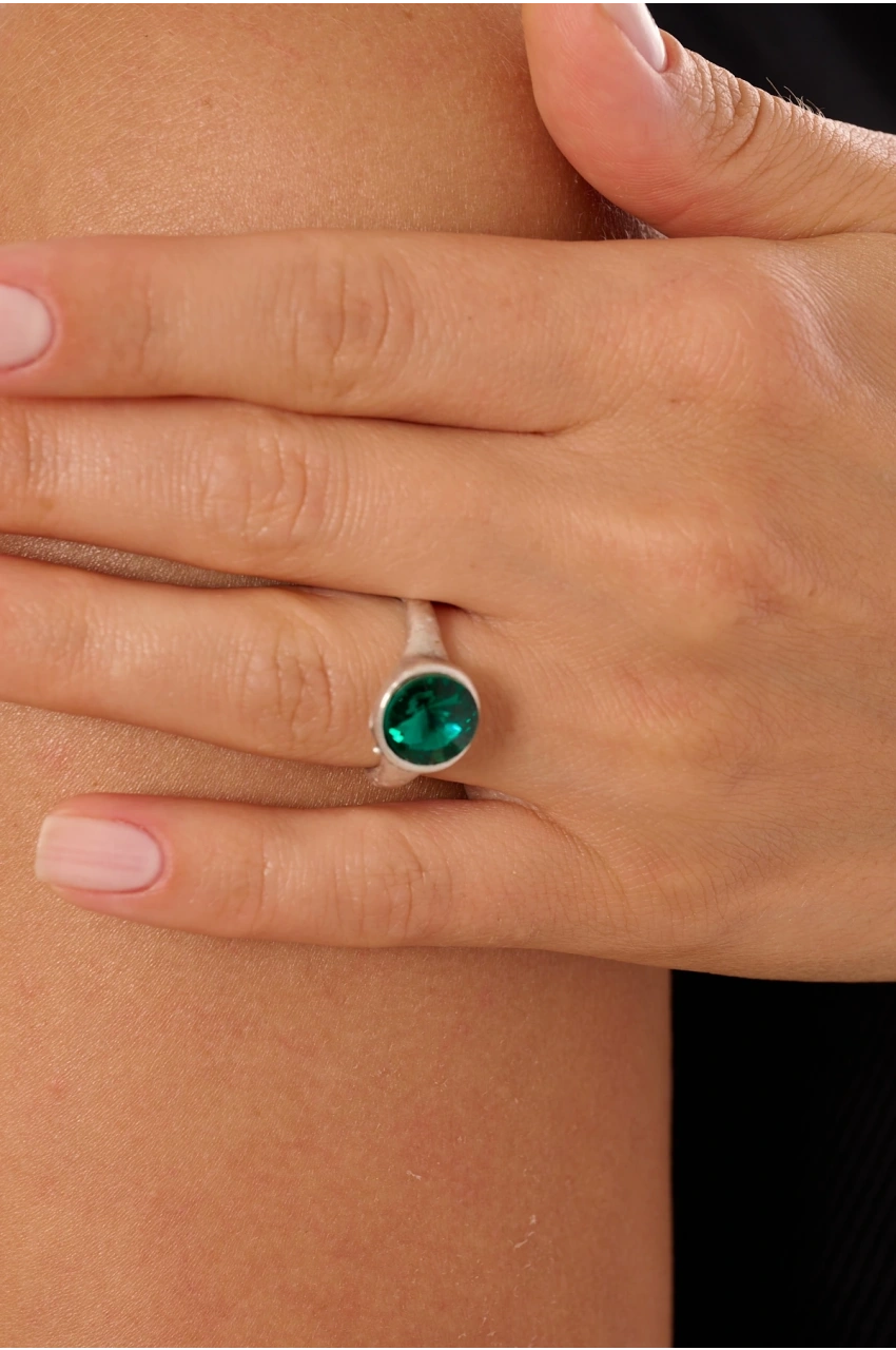 Kiraz Emerald Crystal Stoned Silver Plated Ring