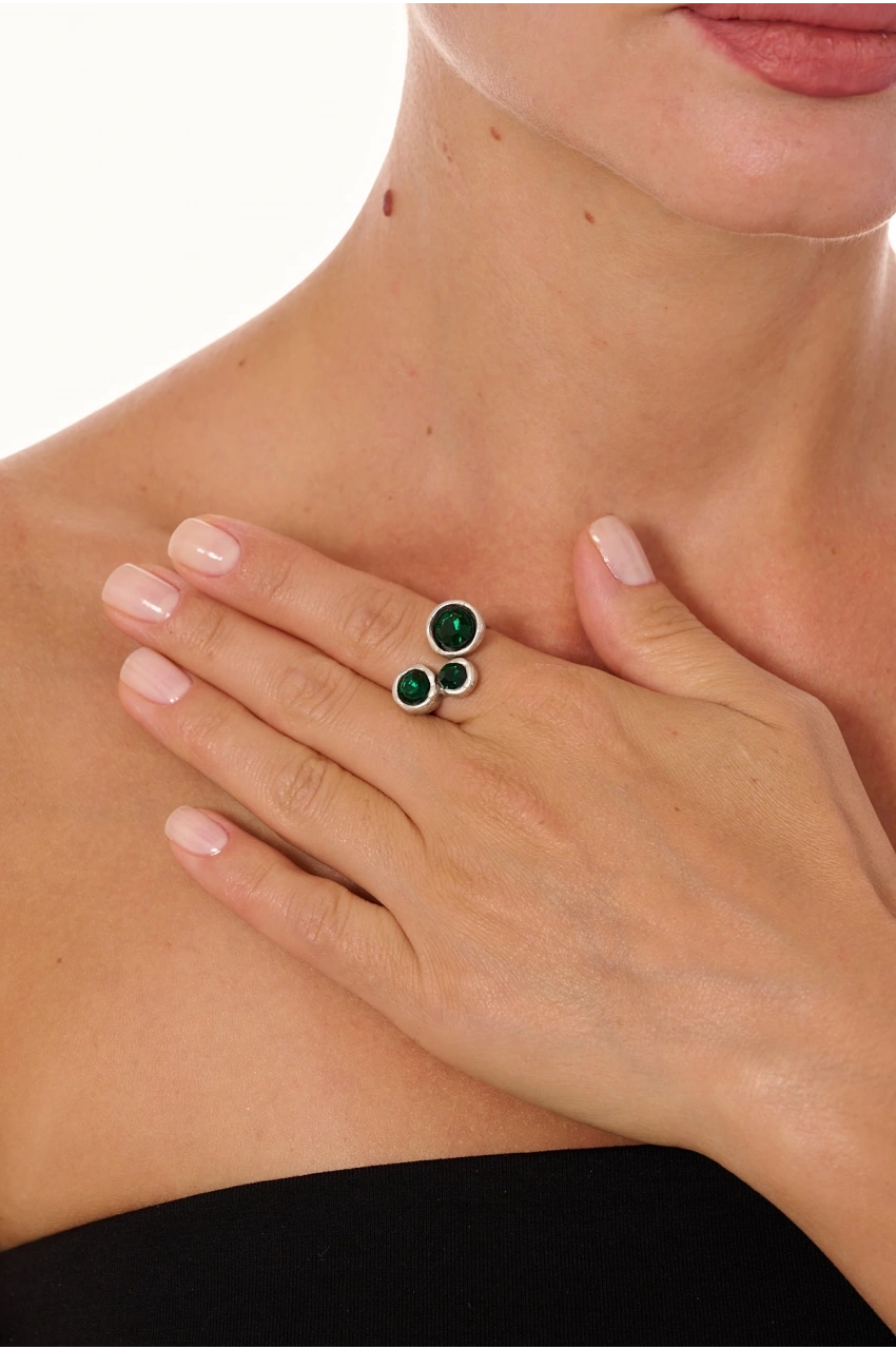 Kiraz Emerald Crystal Stoned Silver Plated Ring