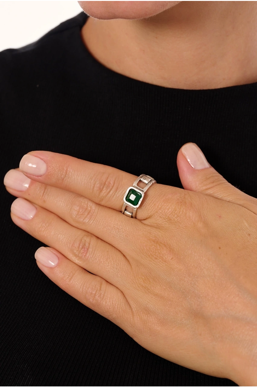 Kiraz Emerald Crystal Stoned Silver Plated Ring