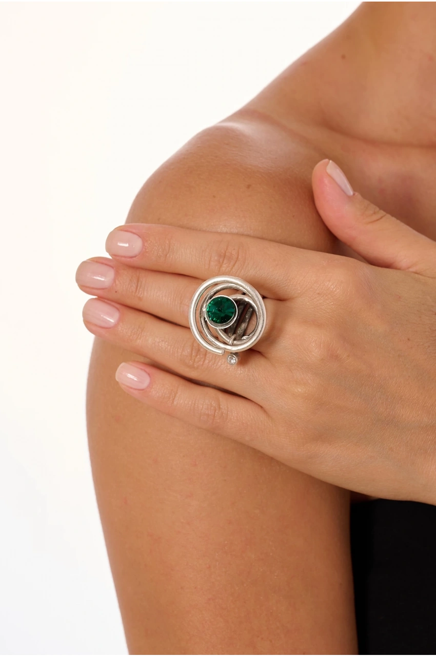 Kiraz Emerald Crystal Stoned Silver Plated Ring
