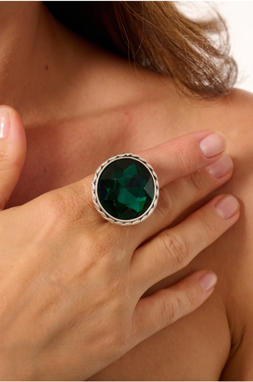 Kiraz Emerald Crystal Stoned Silver Plated Ring