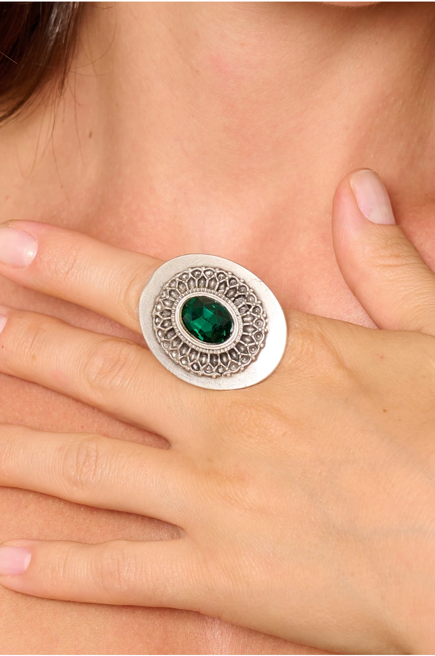 Kiraz Emerald Crystal Stoned Silver Plated Ring