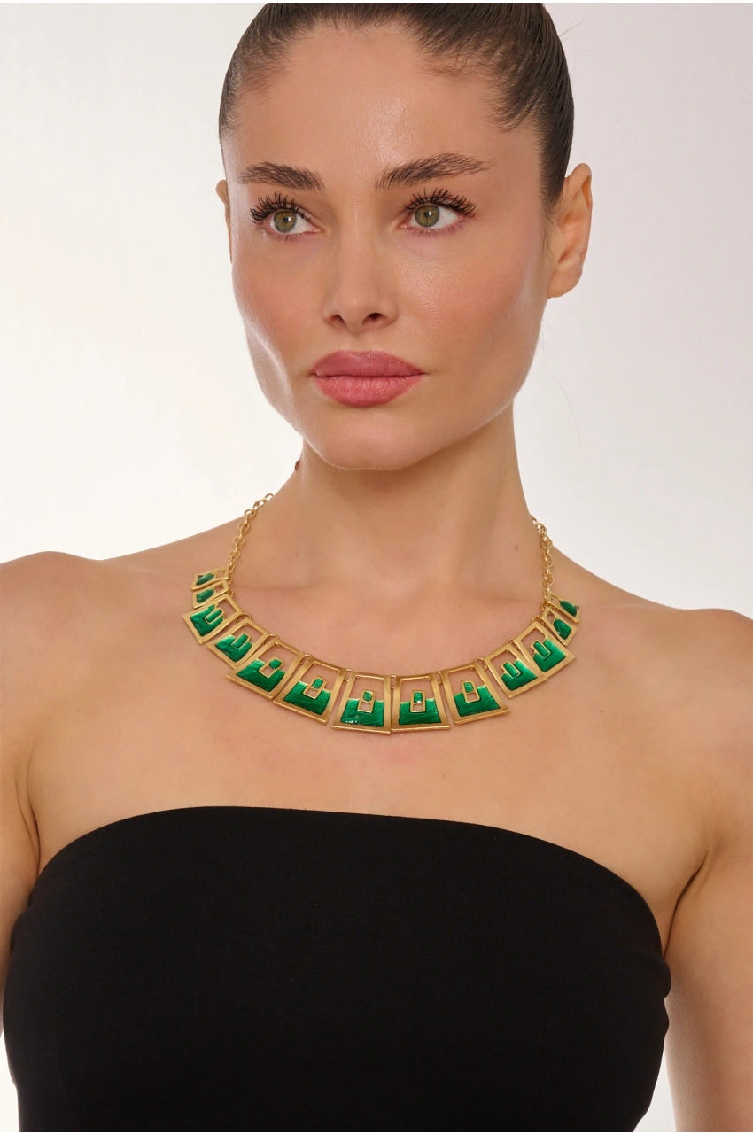 Kiraz Green Enameled Gold Plated Necklace