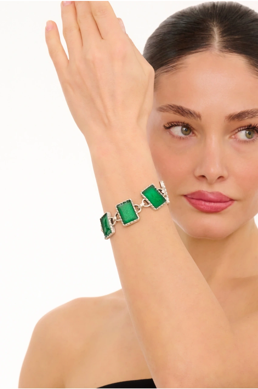 Kiraz Green Enameled Silver Plated Bracelet