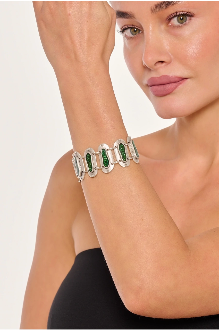 Kiraz Green Enameled Silver Plated Bracelet