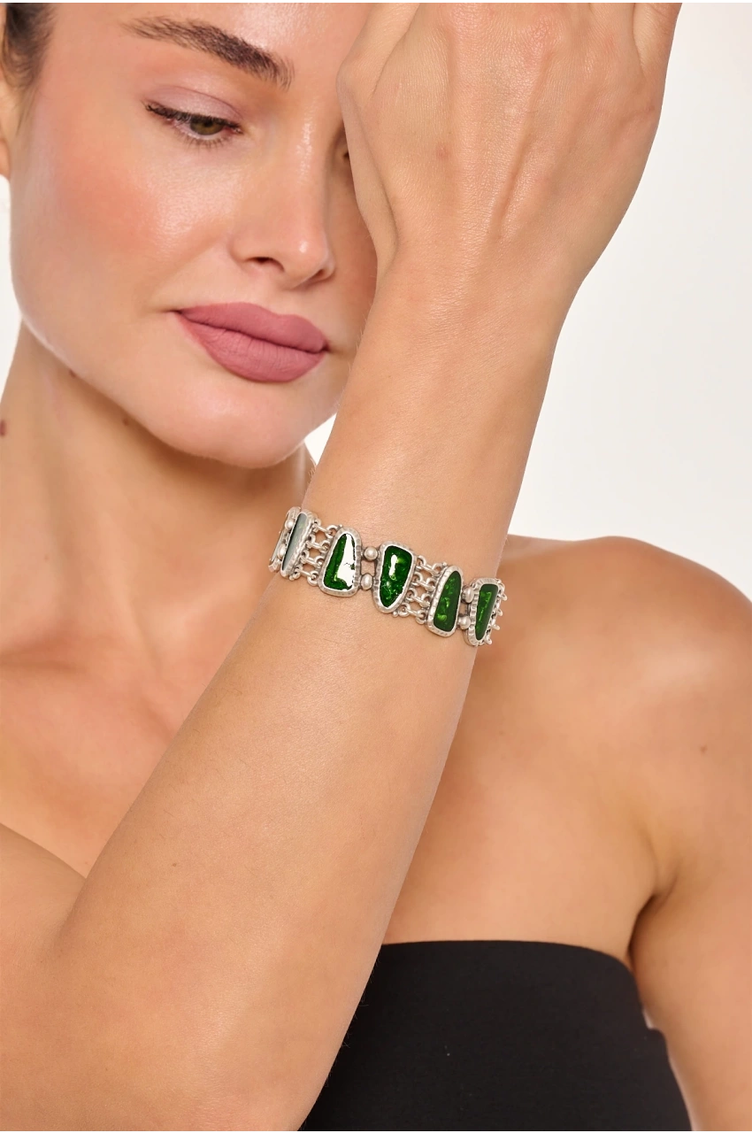 Kiraz Green Enameled Silver Plated Bracelet
