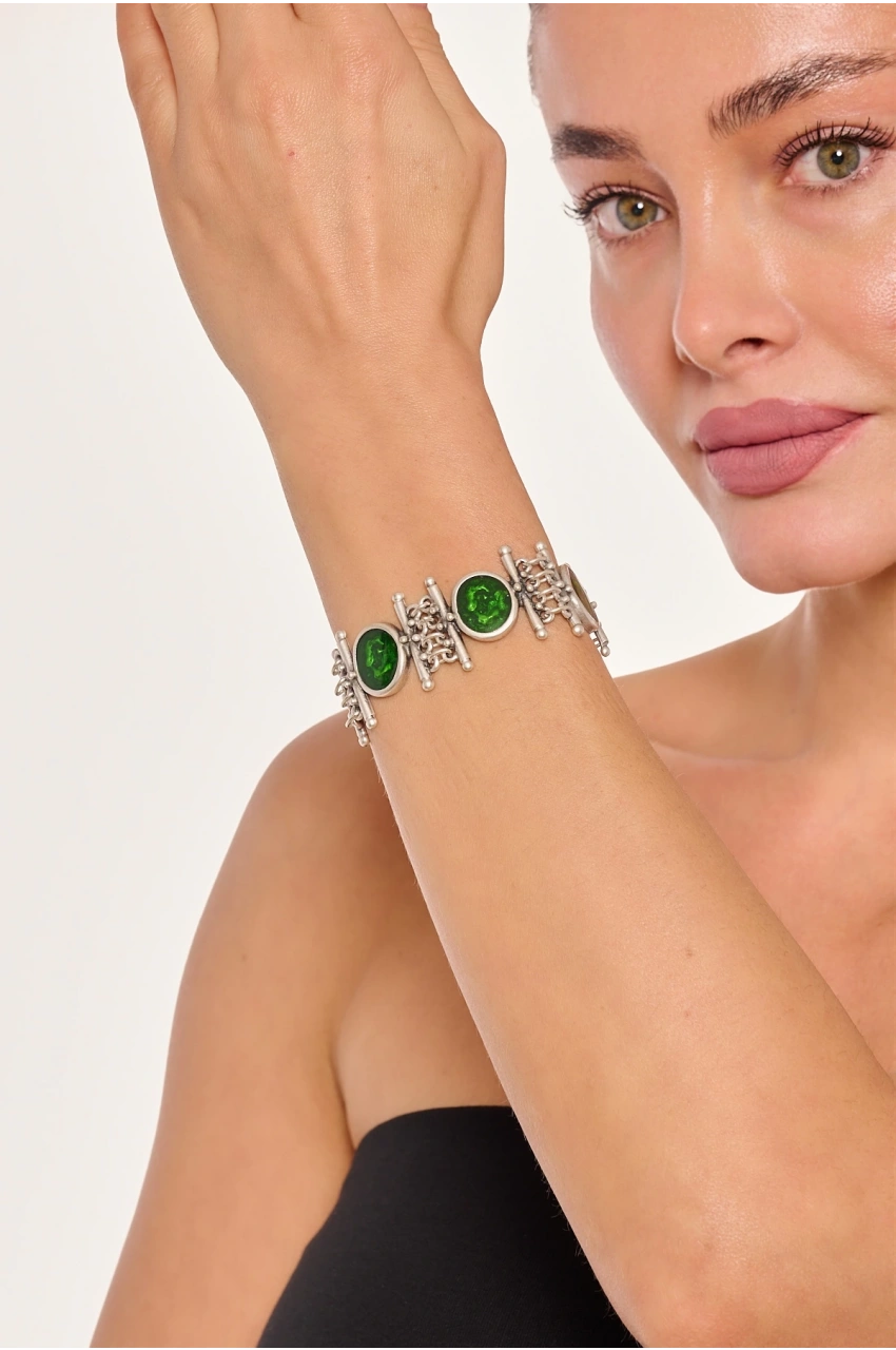 Kiraz Green Enameled Silver Plated Bracelet