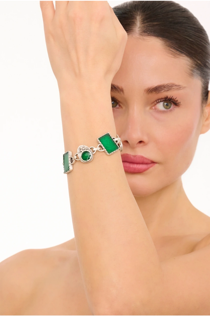 Kiraz Green Enameled Silver Plated Bracelet