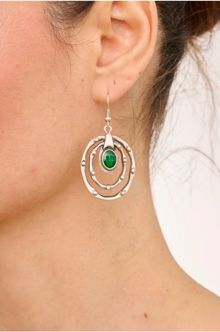 Kiraz Green Enameled Silver Plated Earring