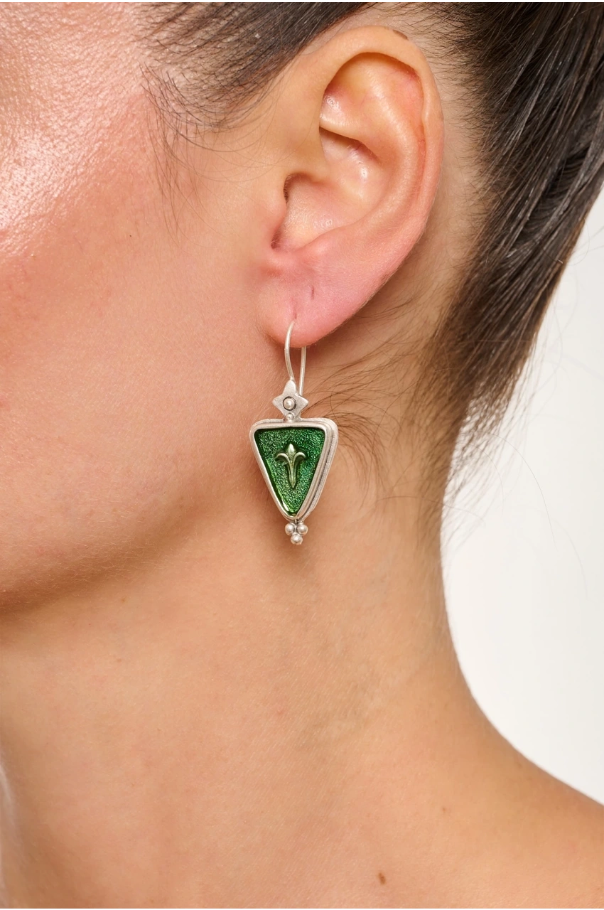 Kiraz Green Enameled Silver Plated Earring