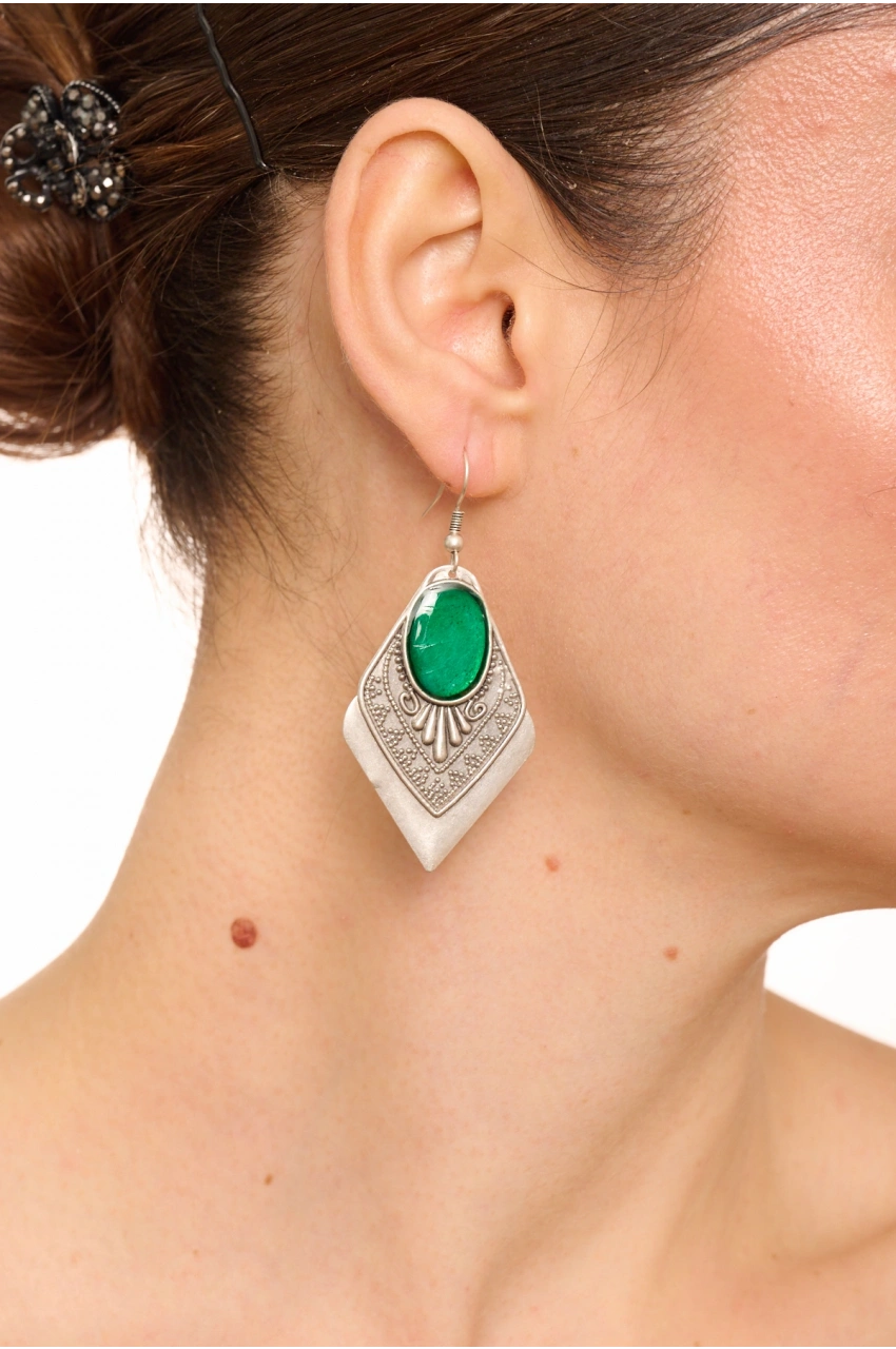 Kiraz Green Enameled Silver Plated Earring