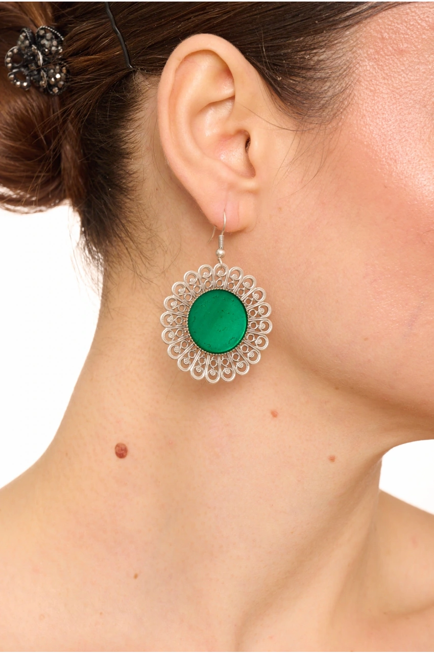 Kiraz Green Enameled Silver Plated Earring