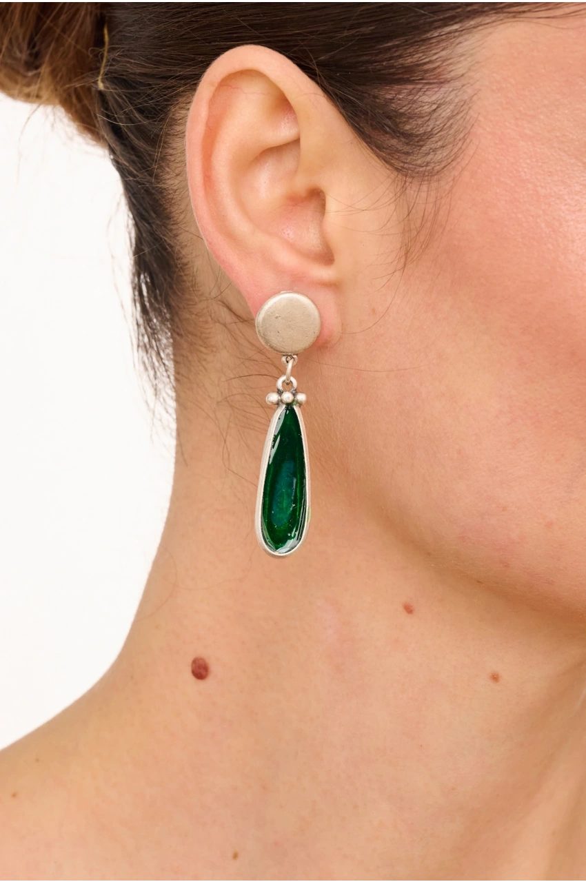 Kiraz Green Enameled Silver Plated Earring