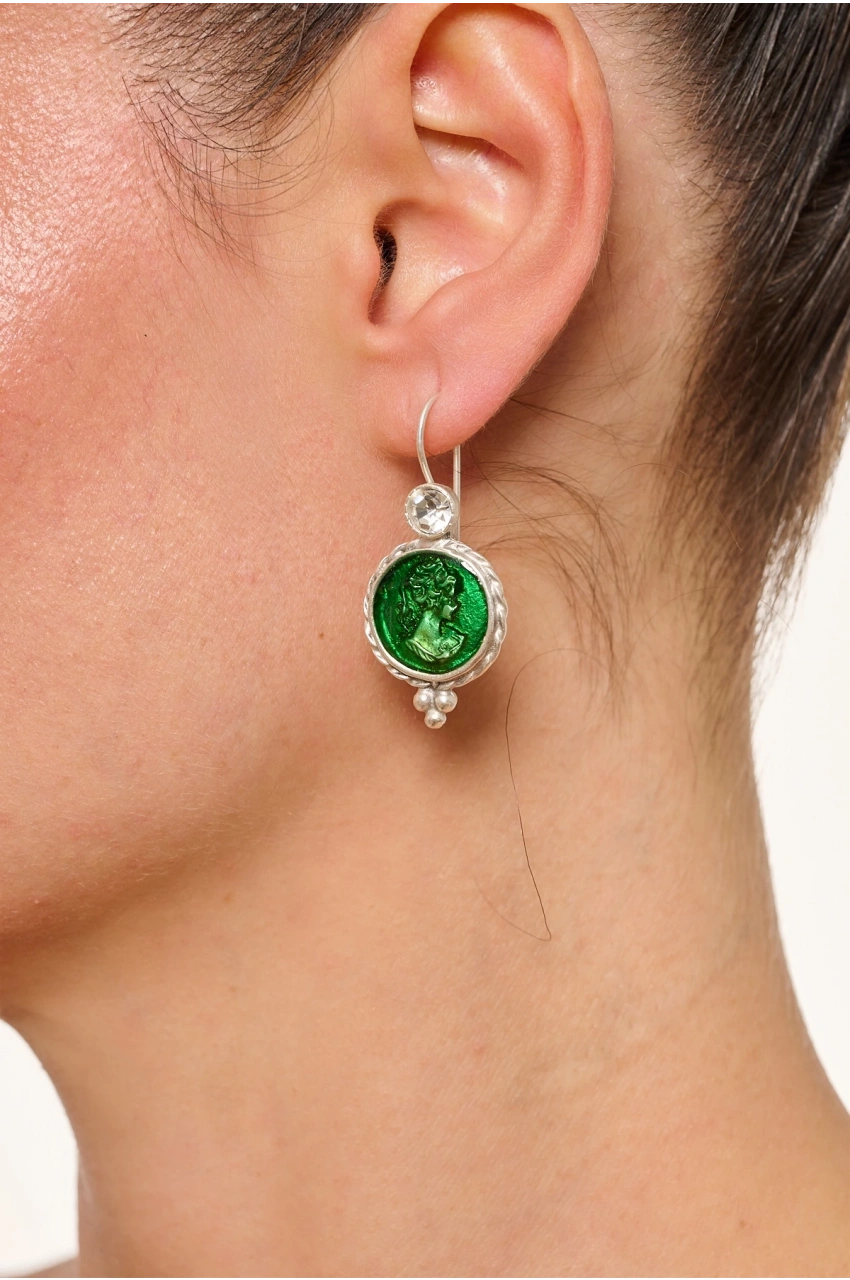 Kiraz Green Enameled Silver Plated Earring