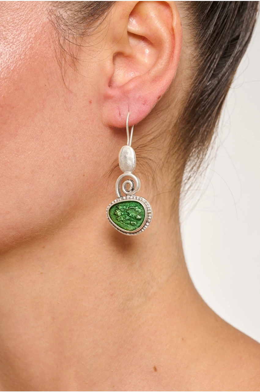 Kiraz Green Enameled Silver Plated Earring