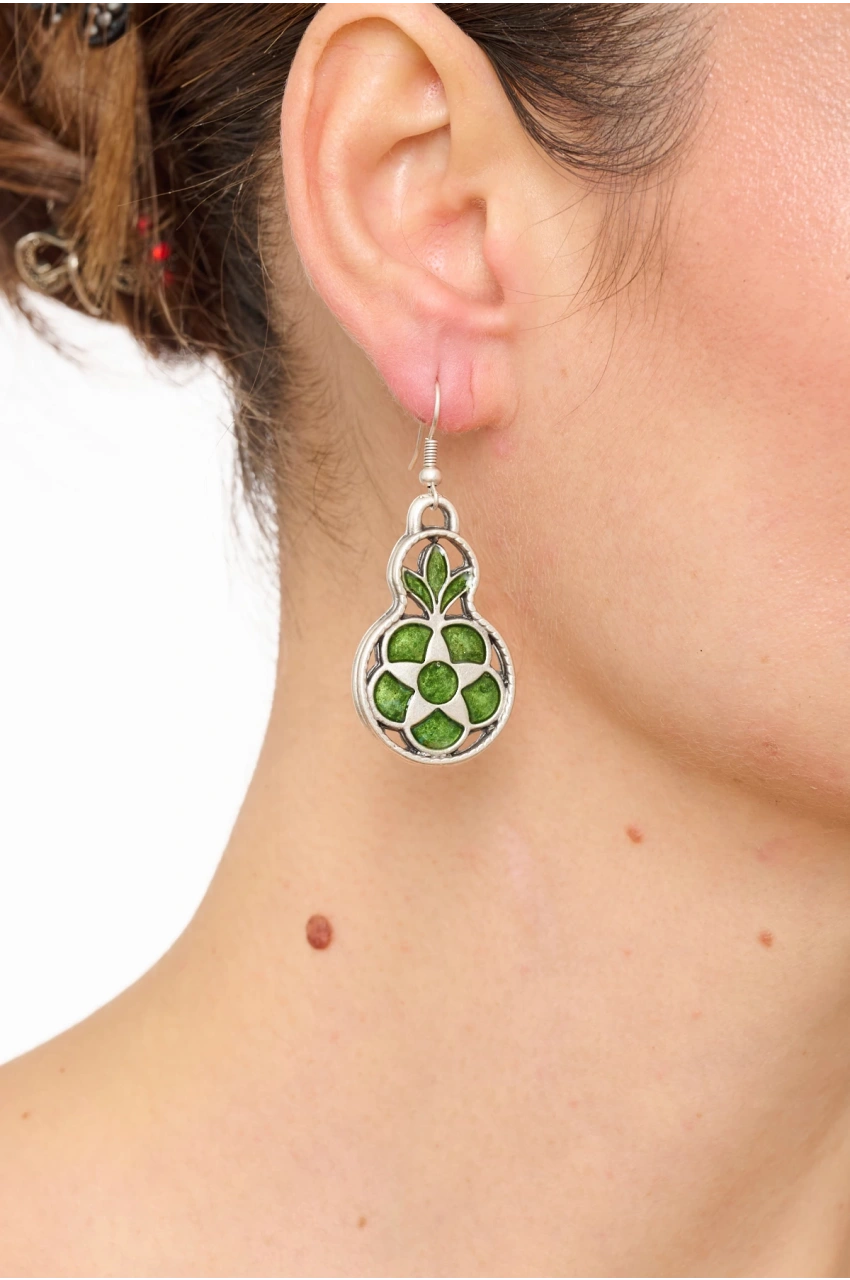 Kiraz Green Enameled Silver Plated Earring