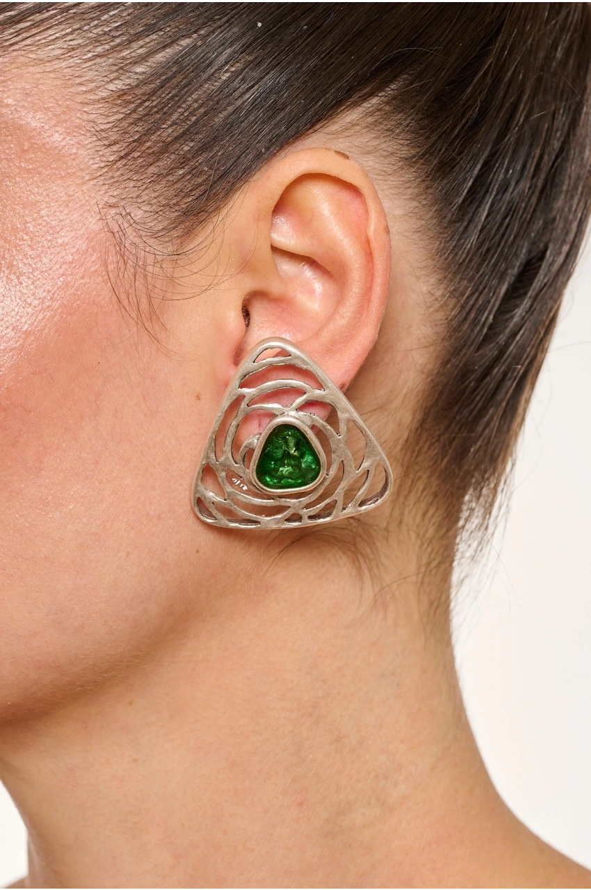 Kiraz Green Enameled Silver Plated Triangle Earring