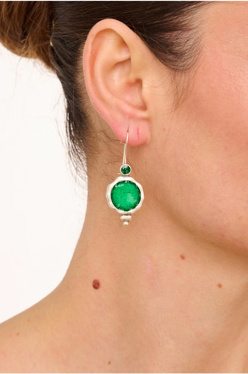 Kiraz Green Enameled Silver Plated Earring