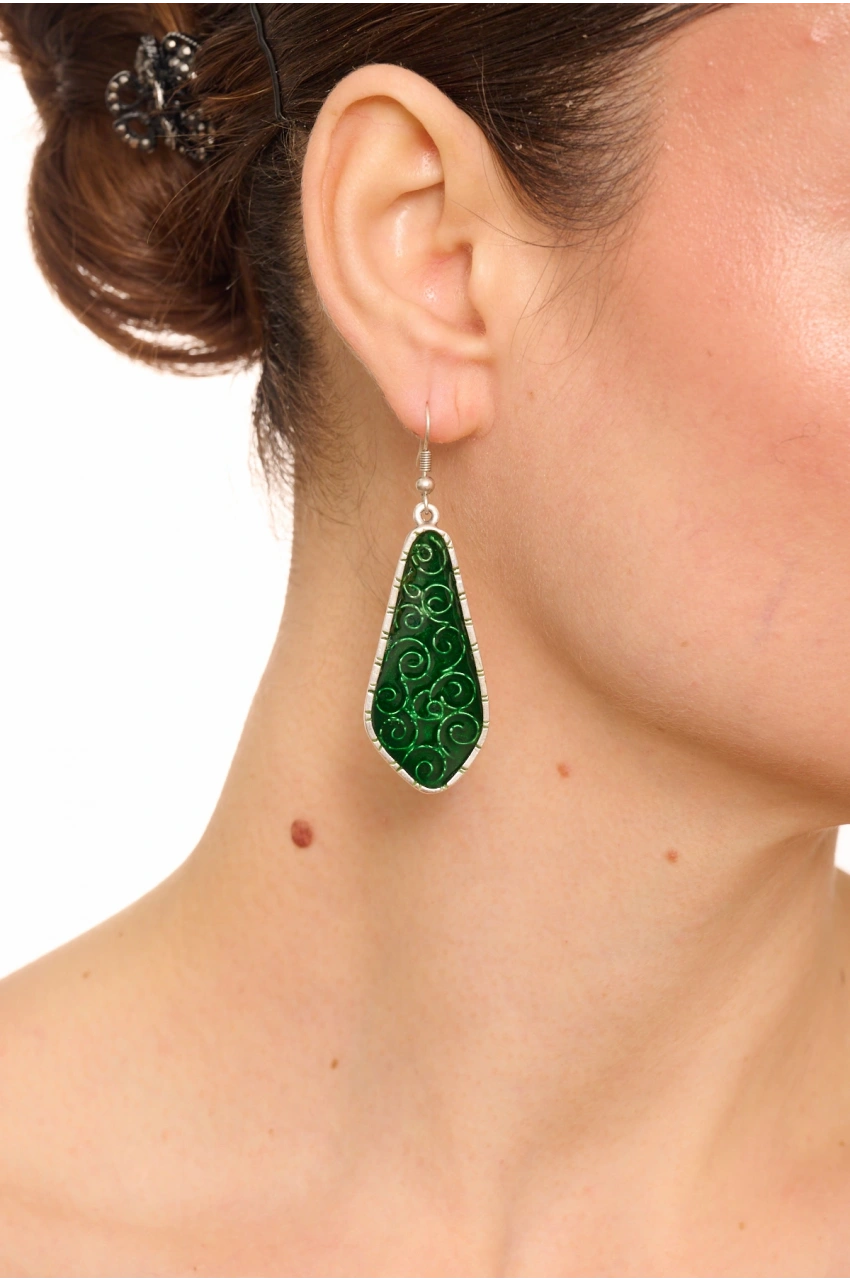 Kiraz Green Enameled Silver Plated Earring