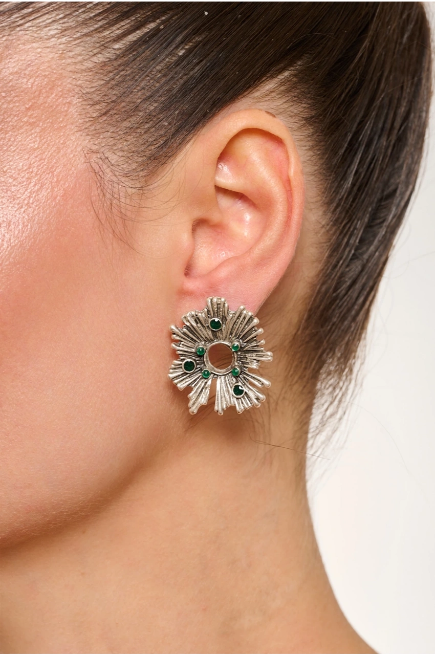 Kiraz Green Enameled Silver Plated Earring