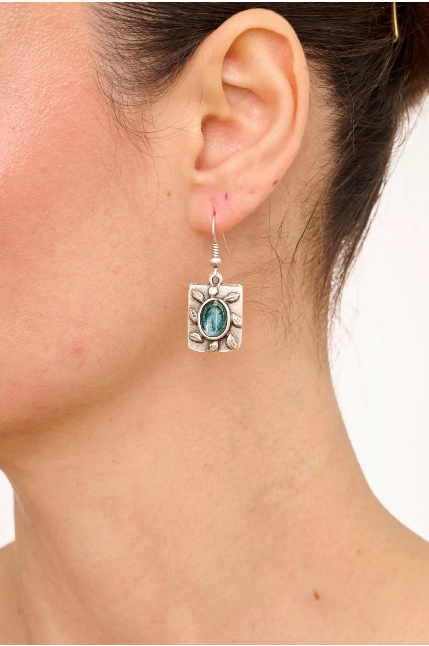 Kiraz Green Enameled Silver Plated Earring