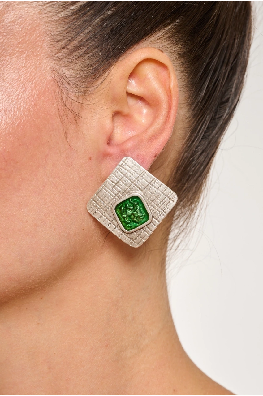 Kiraz Green Enameled Silver Plated Earring