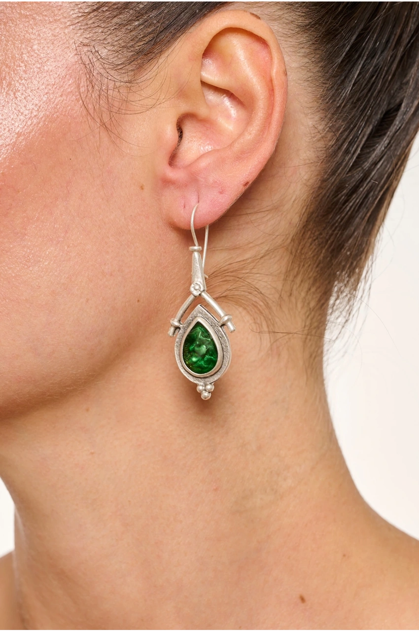 Kiraz Green Enameled Silver Plated Earring