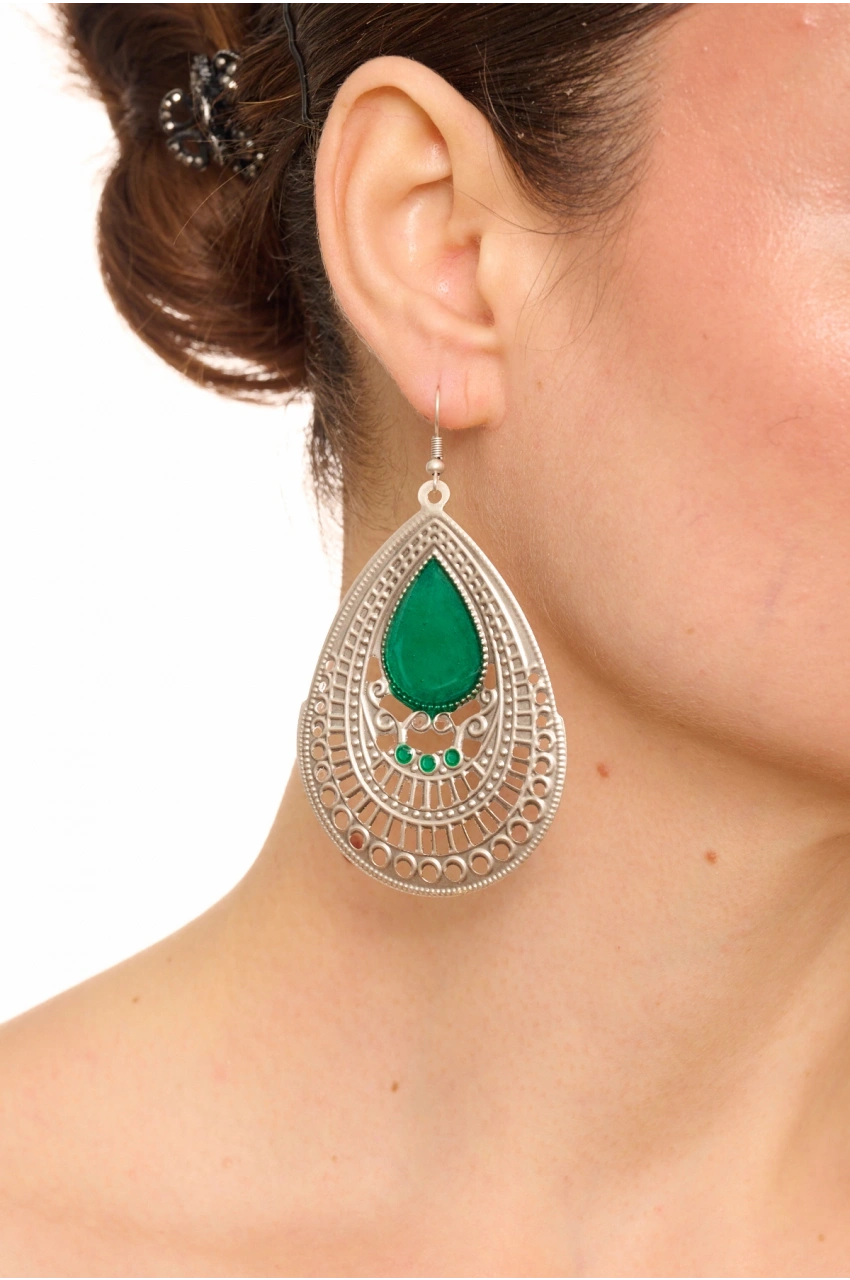 Kiraz Green Enameled Silver Plated Earring