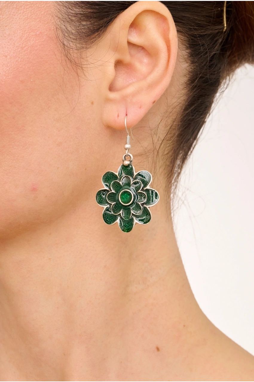 Kiraz Green Enameled Silver Plated Flower Earring