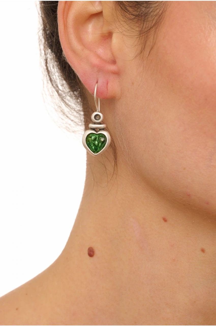 Kiraz Green Enameled Silver Plated Heart Earring