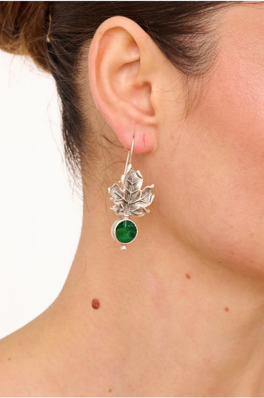 Kiraz Green Enameled Silver Plated Leaf Earring