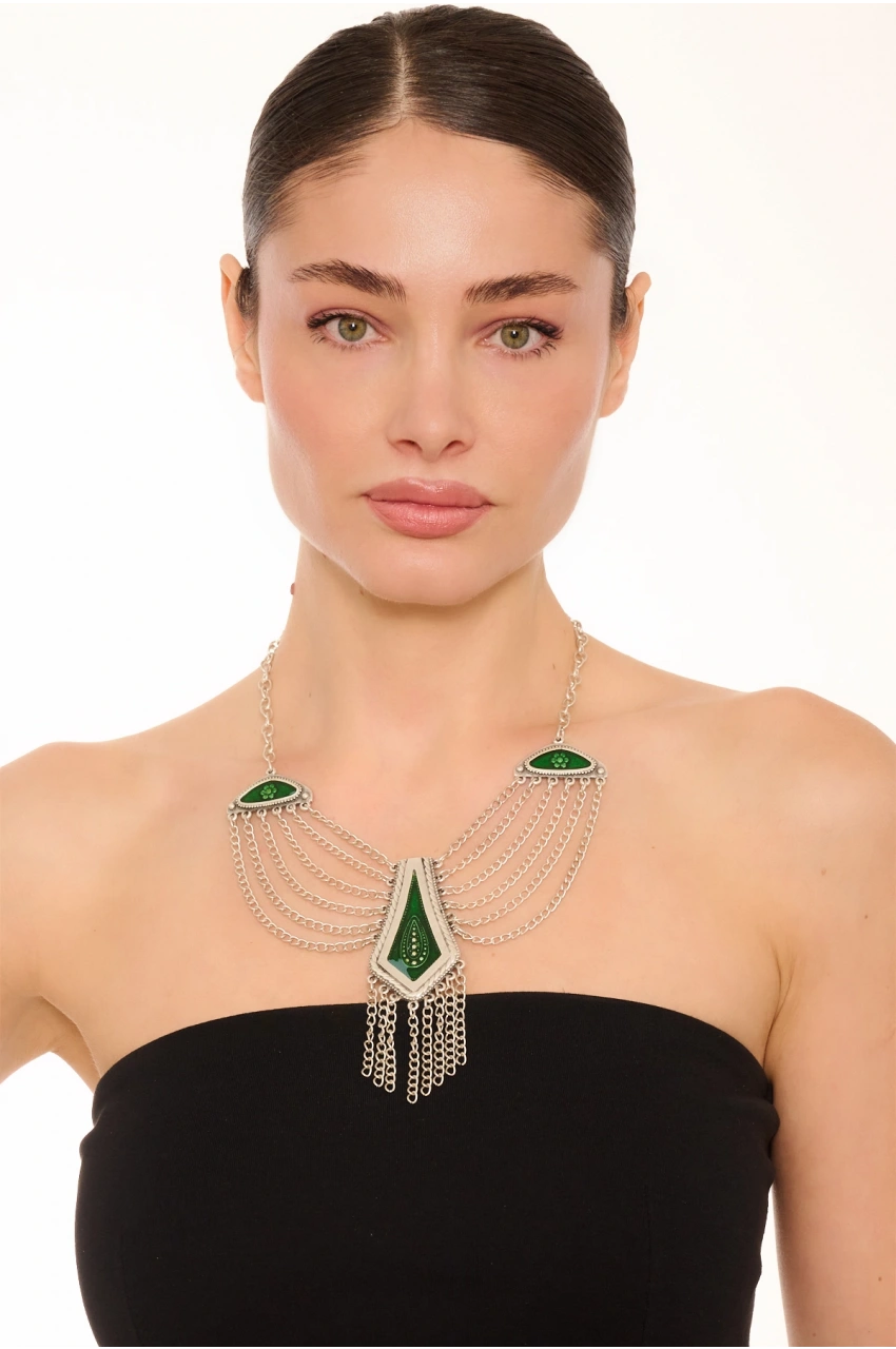 Kiraz Green Enameled Silver Plated Necklace