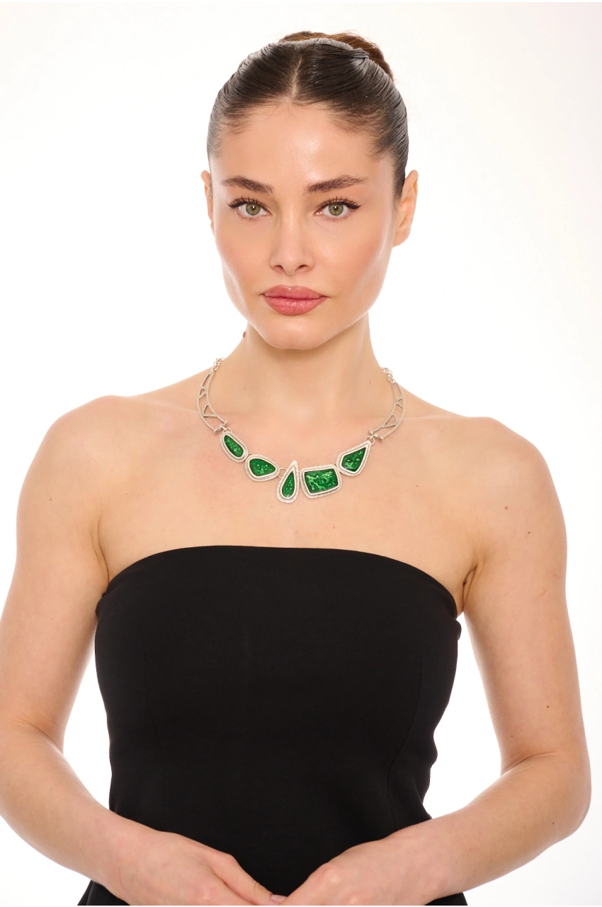 Kiraz Green Enameled Silver Plated Necklace