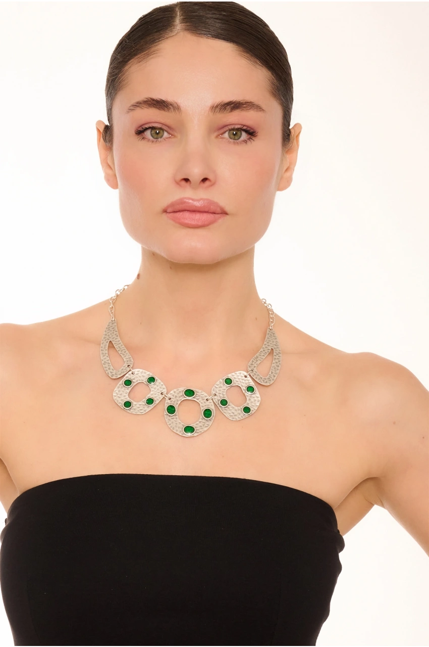 Kiraz Green Enameled Silver Plated Necklace