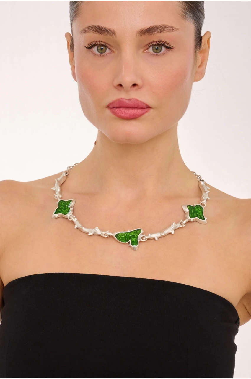 Kiraz Green Enameled Silver Plated Necklace