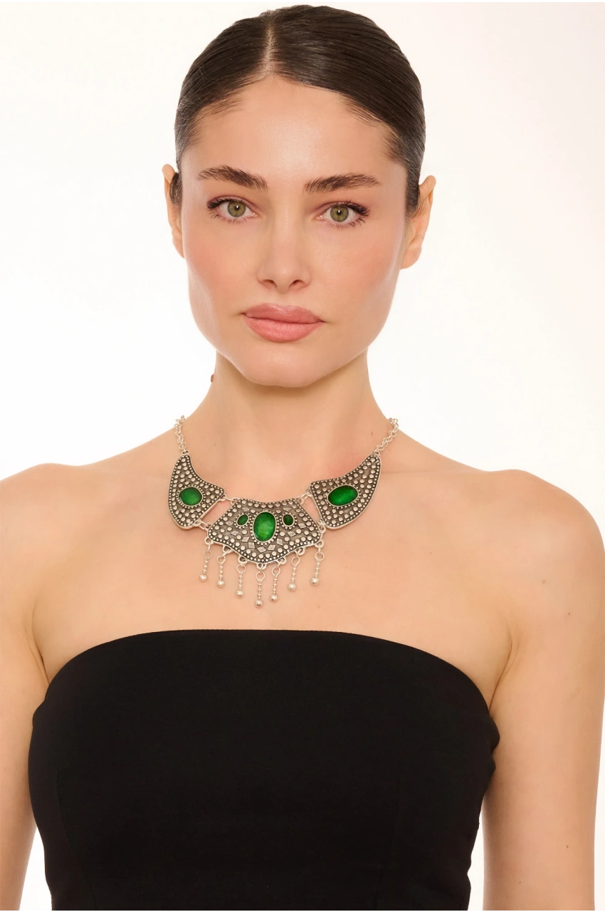 Kiraz Green Enameled Silver Plated Necklace