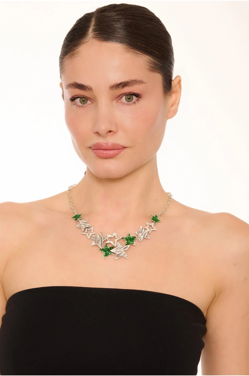 Kiraz Green Enameled Silver Plated Star Necklace