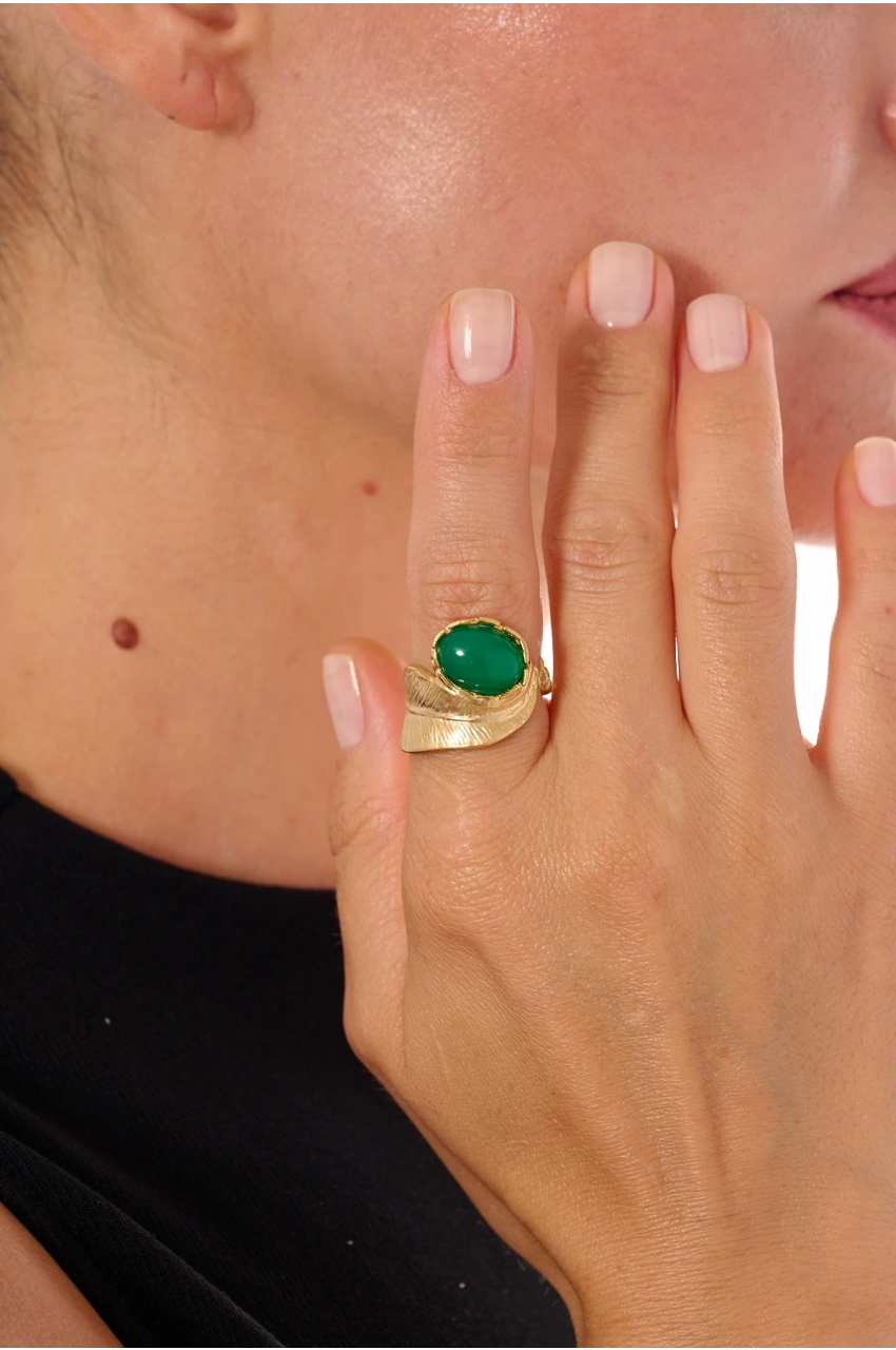 Kiraz Green Stoned Gold Plated Ring
