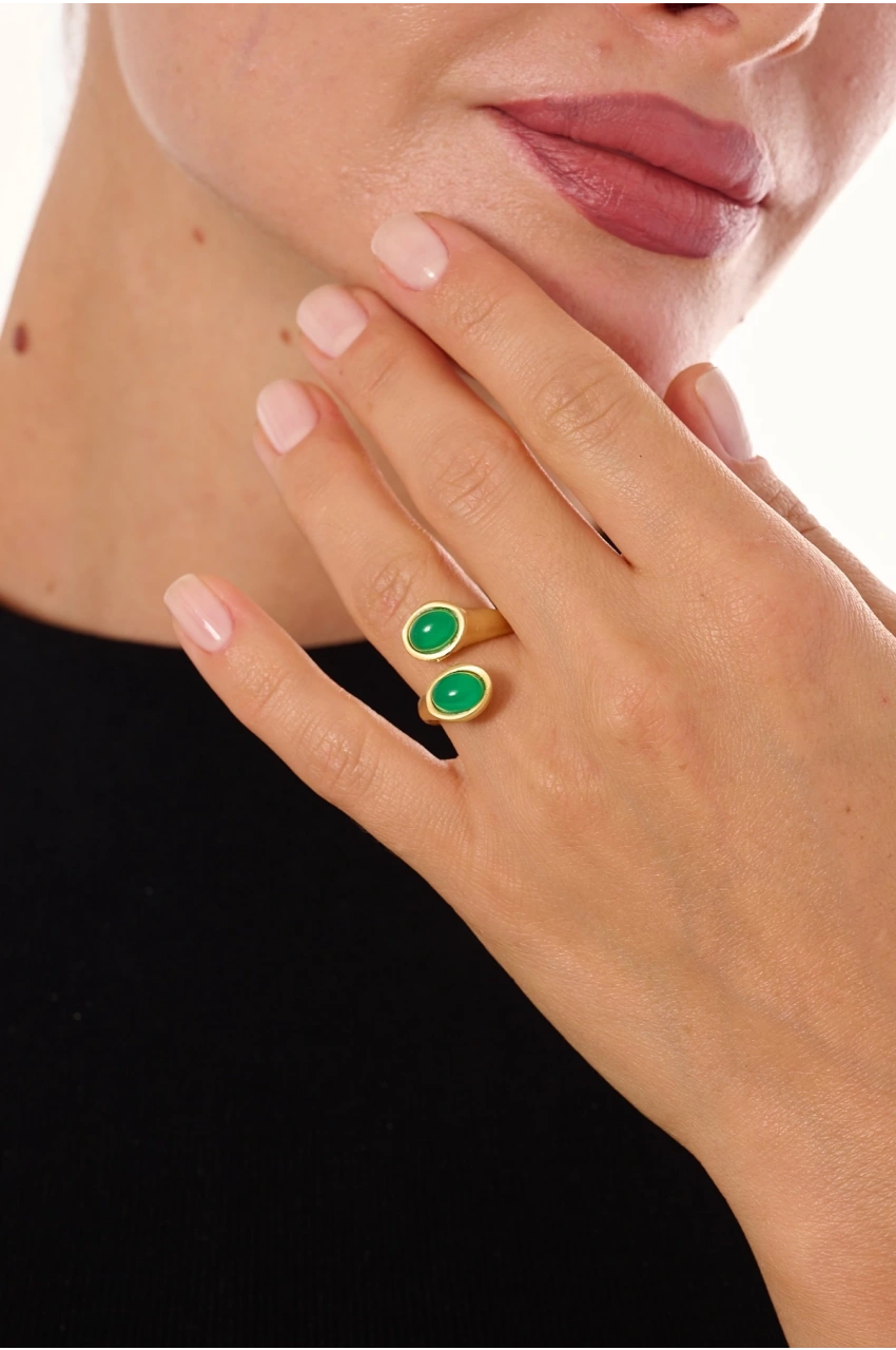 Kiraz Green Stoned Gold Plated Ring