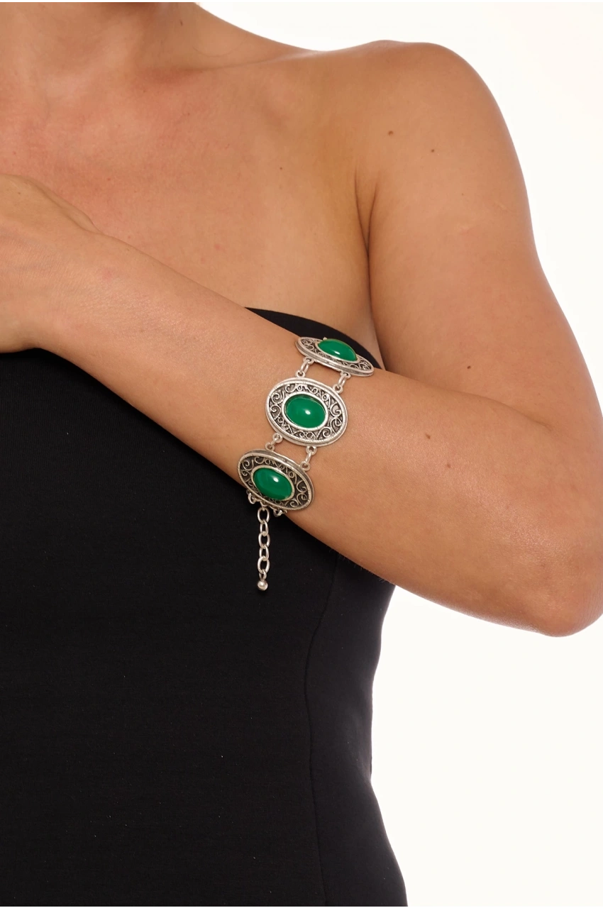 Kiraz Green Stoned Silver Plated Bracelet