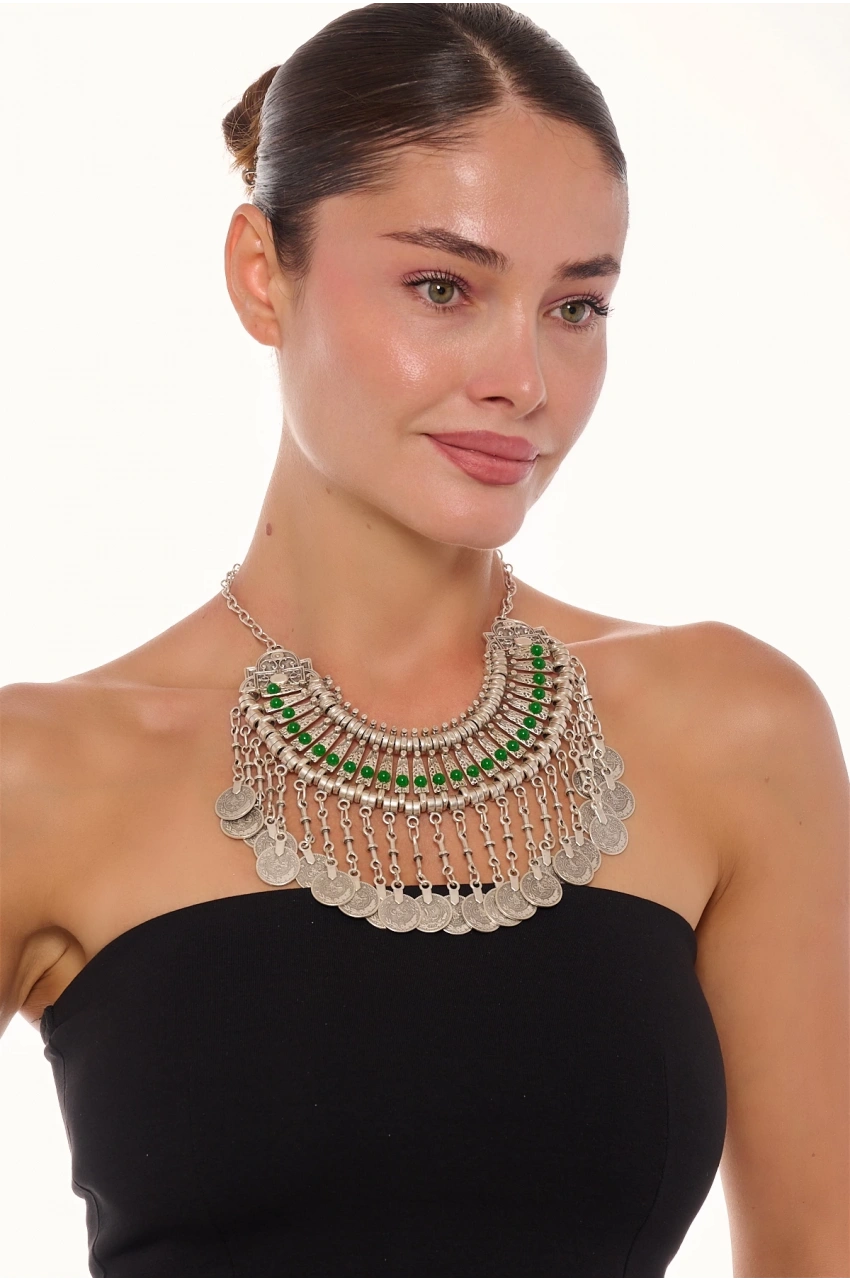 Kiraz Green Stoned Cleopatra Silver Plated Necklace