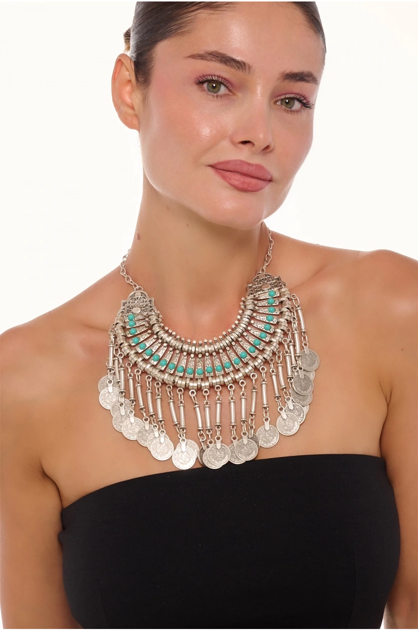 Kiraz Turquoise Stoned Cleopatra Silver Plated Necklace
