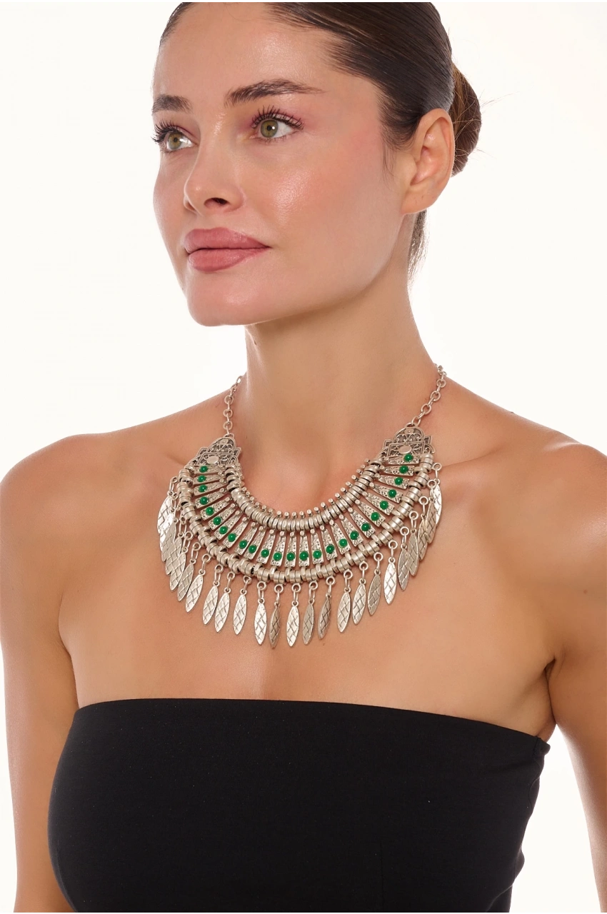 Kiraz Green Stoned Cleopatra Silver Plated Necklace