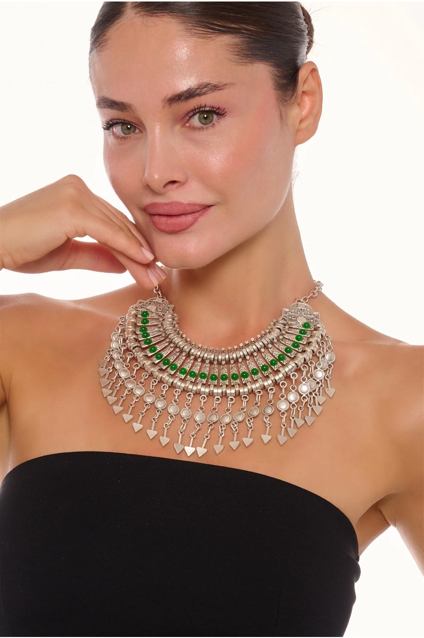 Kiraz Green Stoned Cleopatra Silver Plated Necklace
