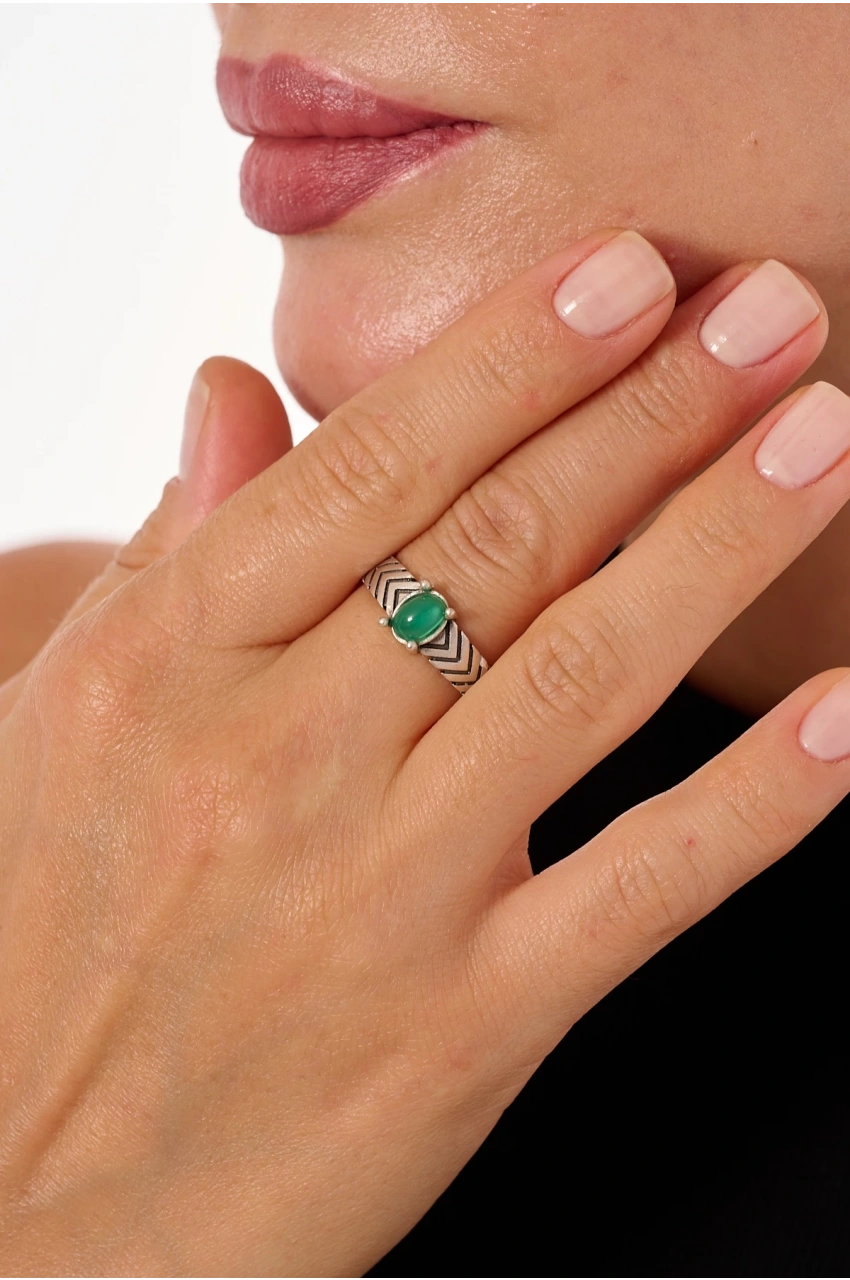 Kiraz Green Silver Stoned Plated Ring