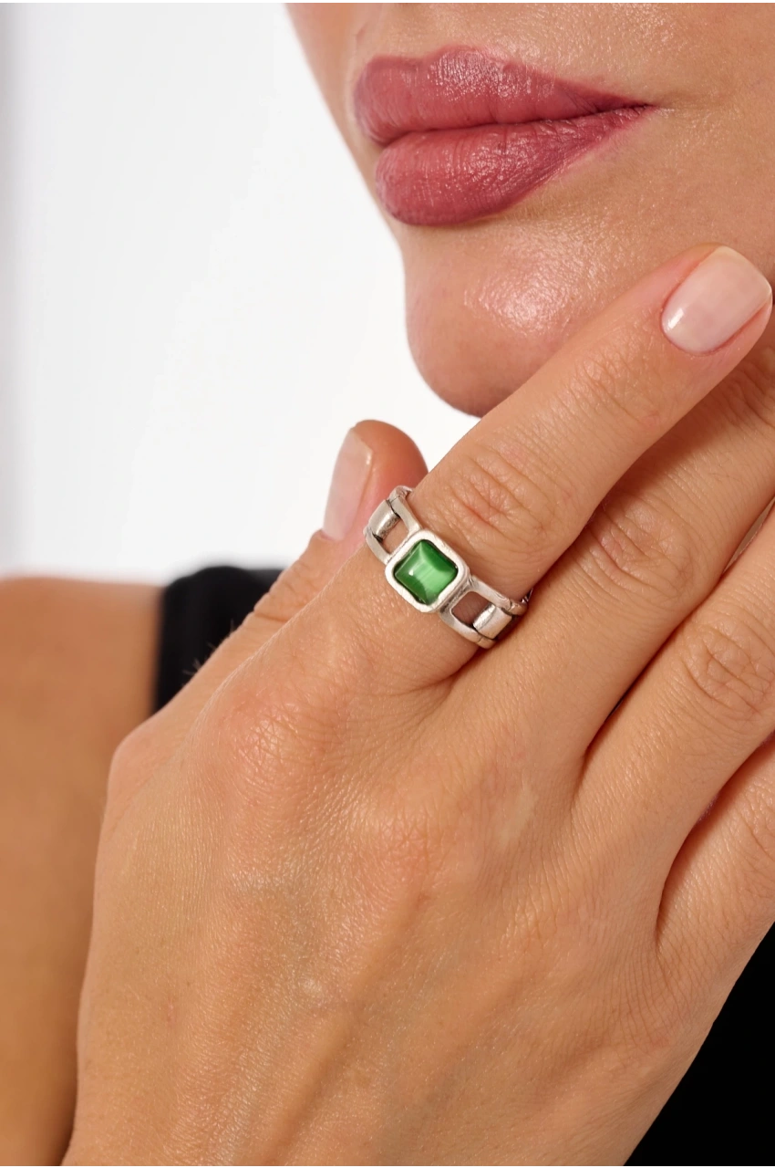 Kiraz Green Stoned Silver Plated Ring