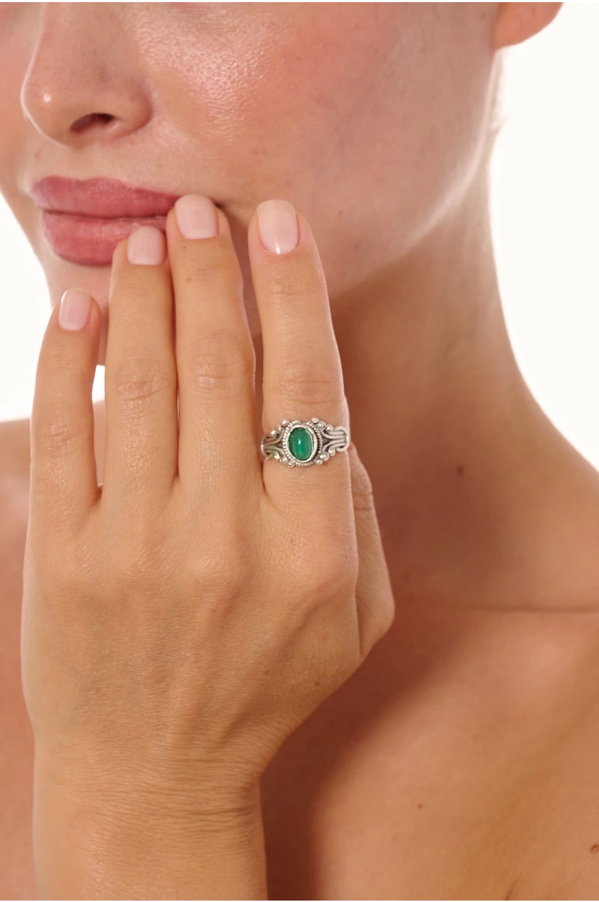 Kiraz Green Stoned Silver Plated Ring