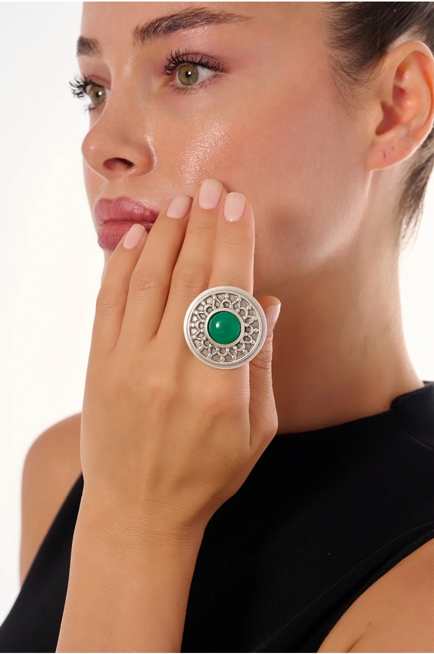 Kiraz Green Stoned Silver Plated Ring